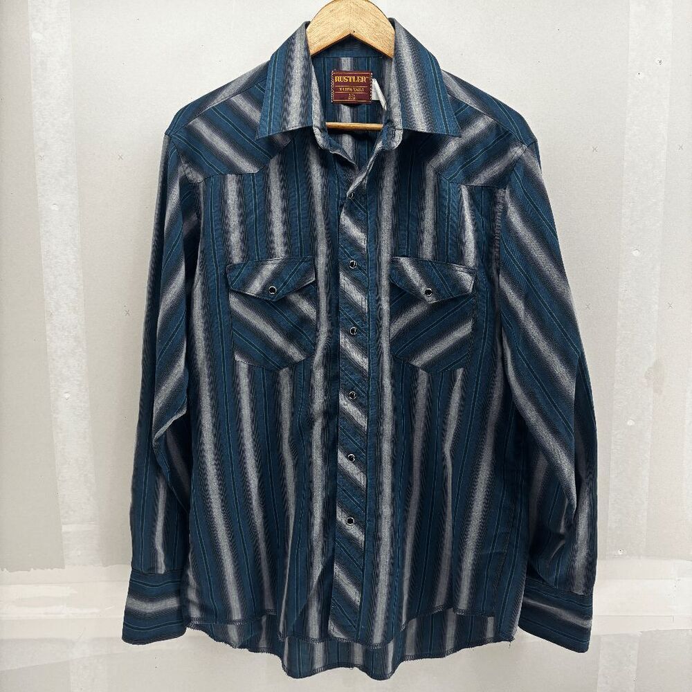 Vintage Rustler Shirt Mens L Gray Blue Striped Western Pearl Snap X-Long Tails 9